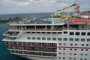 Here's an old Carnival ship that Bill thinks has the appropriate configuration for a proper sail away party.